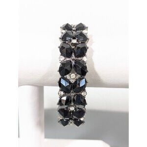 Monet Black Rhinestone Tennis Bracelet 7 in Stretch Silver Tone